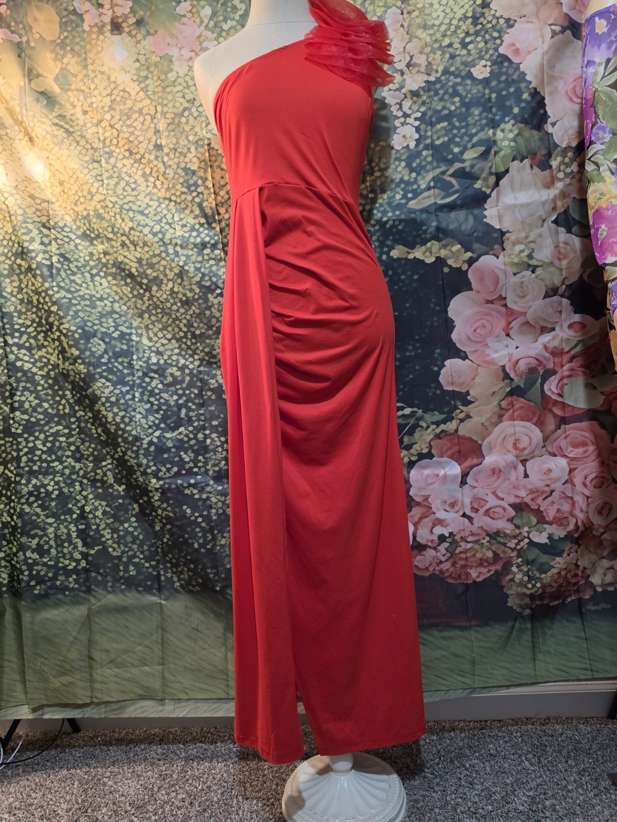 SHEIN Red One Shoulder Ruffle Ruched Chiffon Maxi Dress Women’s Size 4