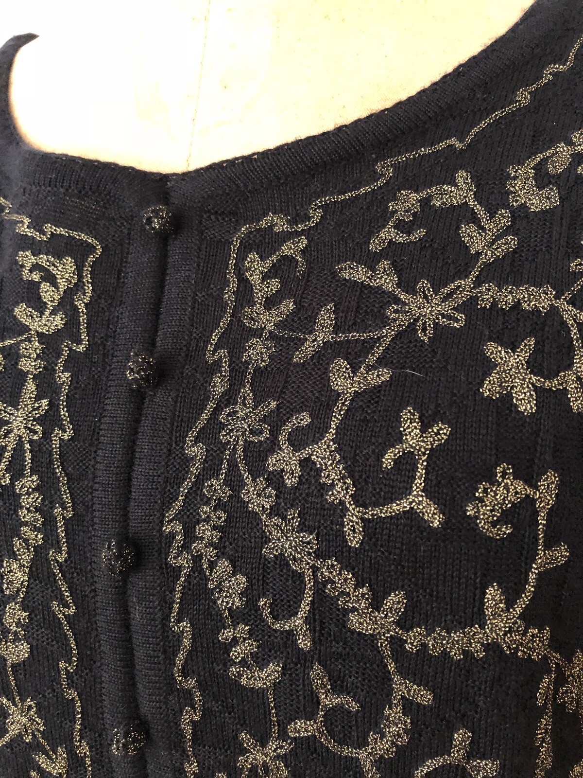 Metallic Gold Embroidered Black Acrylic Wool Knit CAROLE LITTLE Sweater Dress L