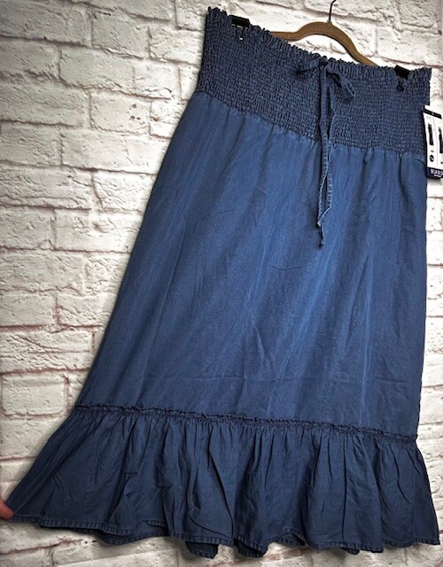 1X/2X/3X/4X New Cotton Medium Wash Blue Denim Smocked Sundress Dress Maxi Skirt