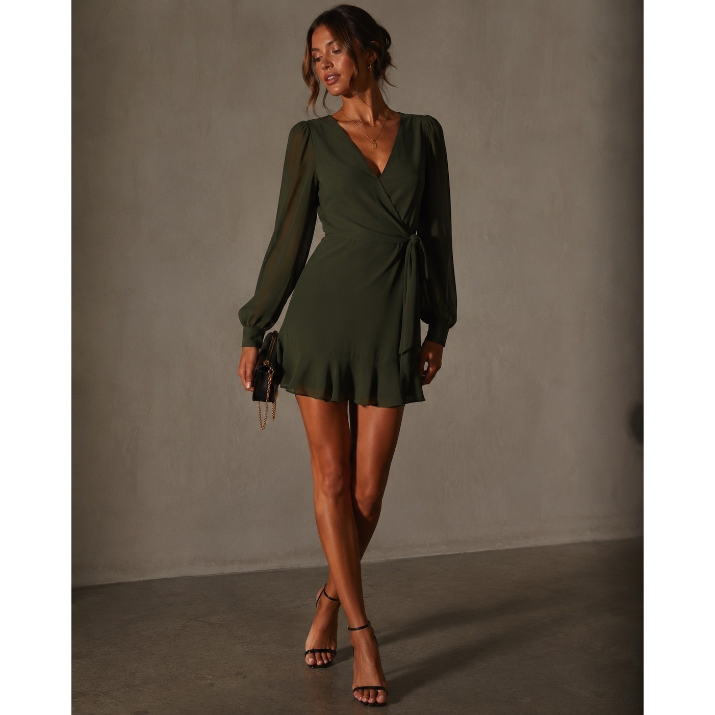 Parker Silk Blend Olive Green Long Sleeve Ruffle Faux Wrap Mini Dress Size S