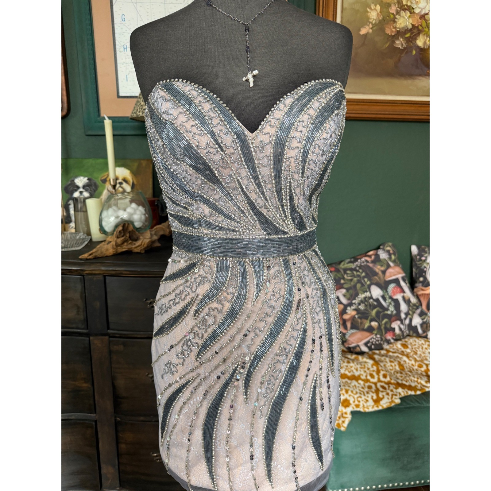 Milano Formals Strapless Beaded Sequin Lace Mini Dress Silver Grey Sweetheart