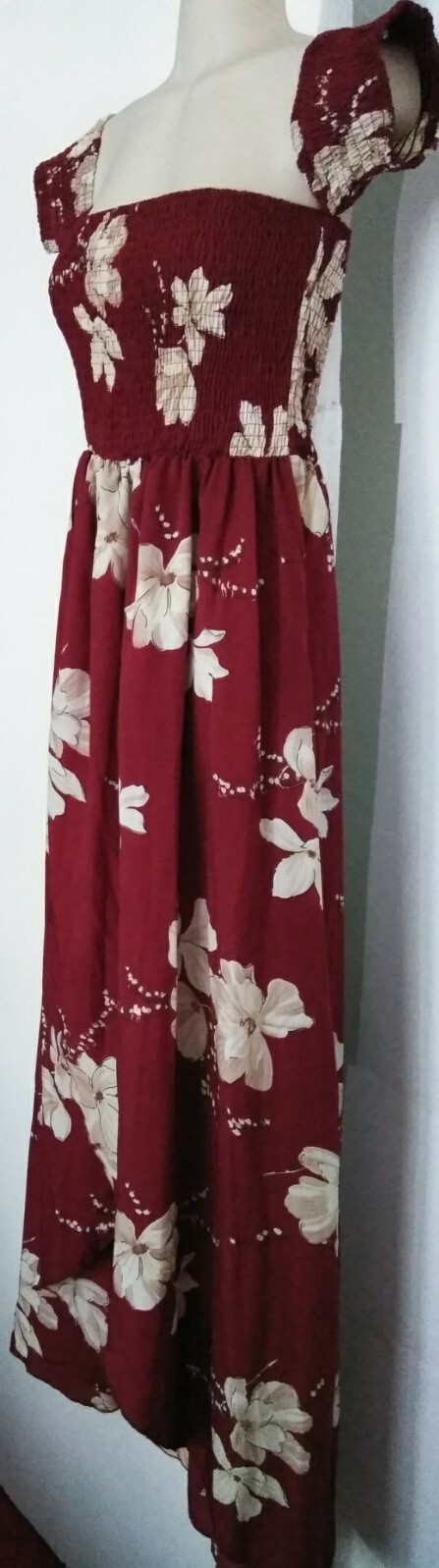 Pretty Burgundy* Cream Floral Off Shoulder Elastic Waist High Low Maxi M
