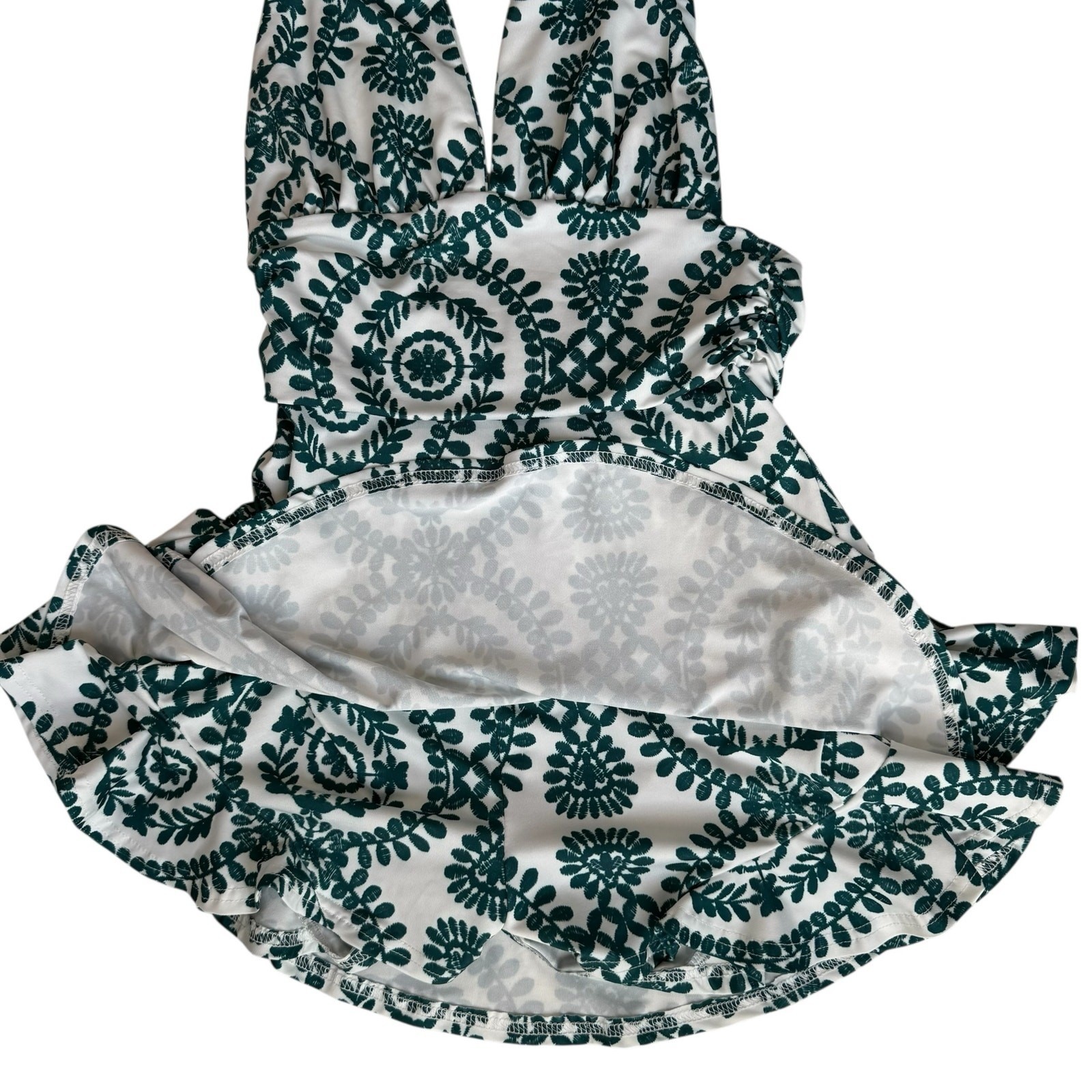 Womens Backless Halter Romper Small White Green Floral Print Ruffle Resort READ