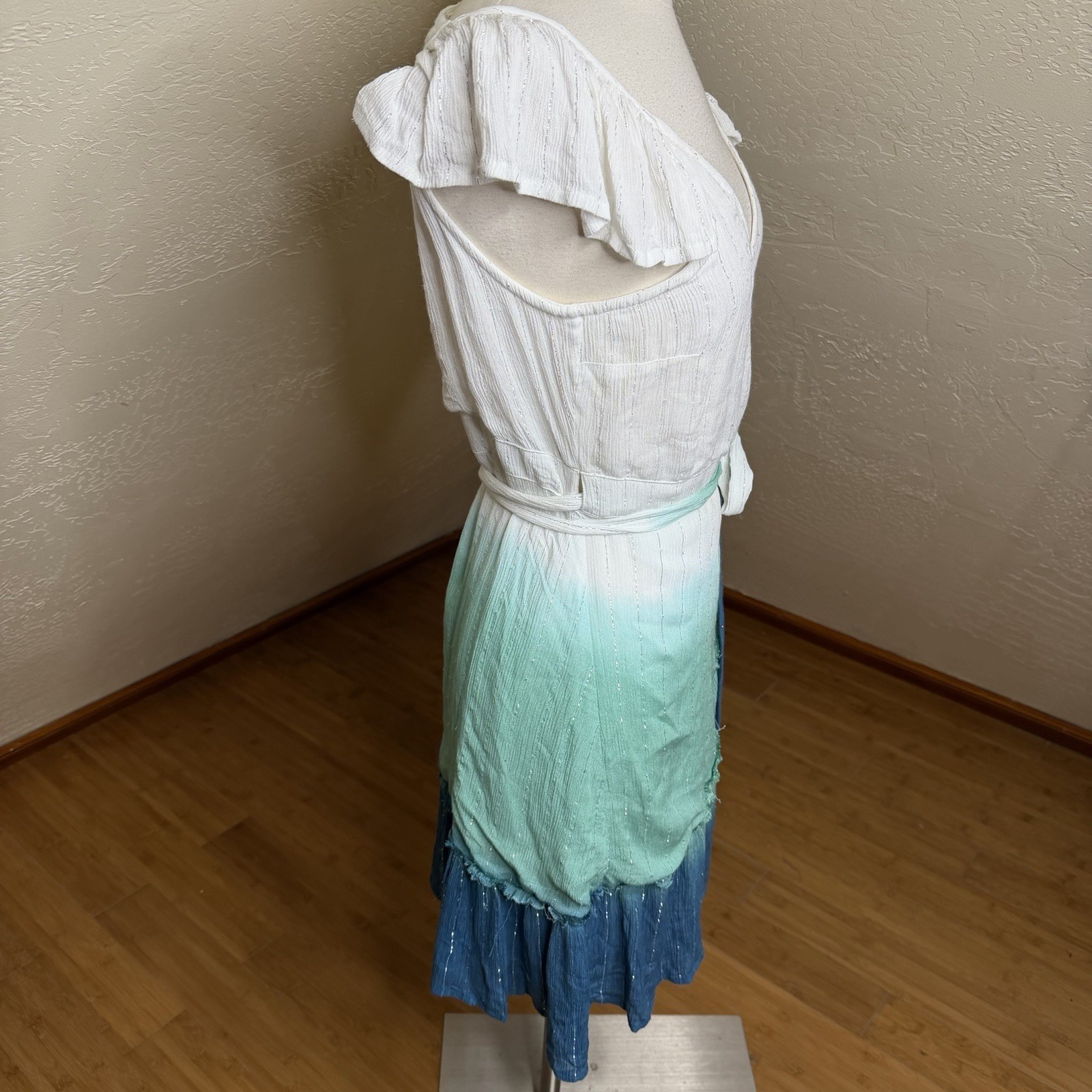 Z&L Europe White Blue Ombre Mini Wrap Dress Metallic Lurex Shimmer Boho M⁠
