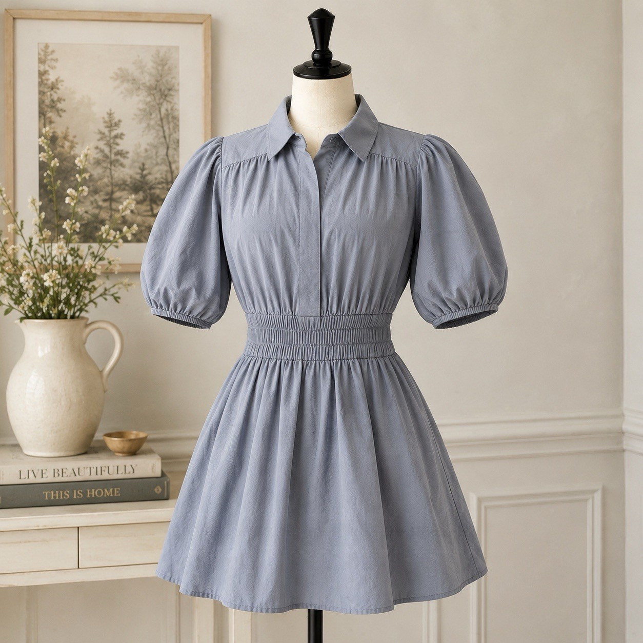 Miou Muse Gray Cotton Puff Sleeve Smocked Shirt Dress M Cottagecore Mini