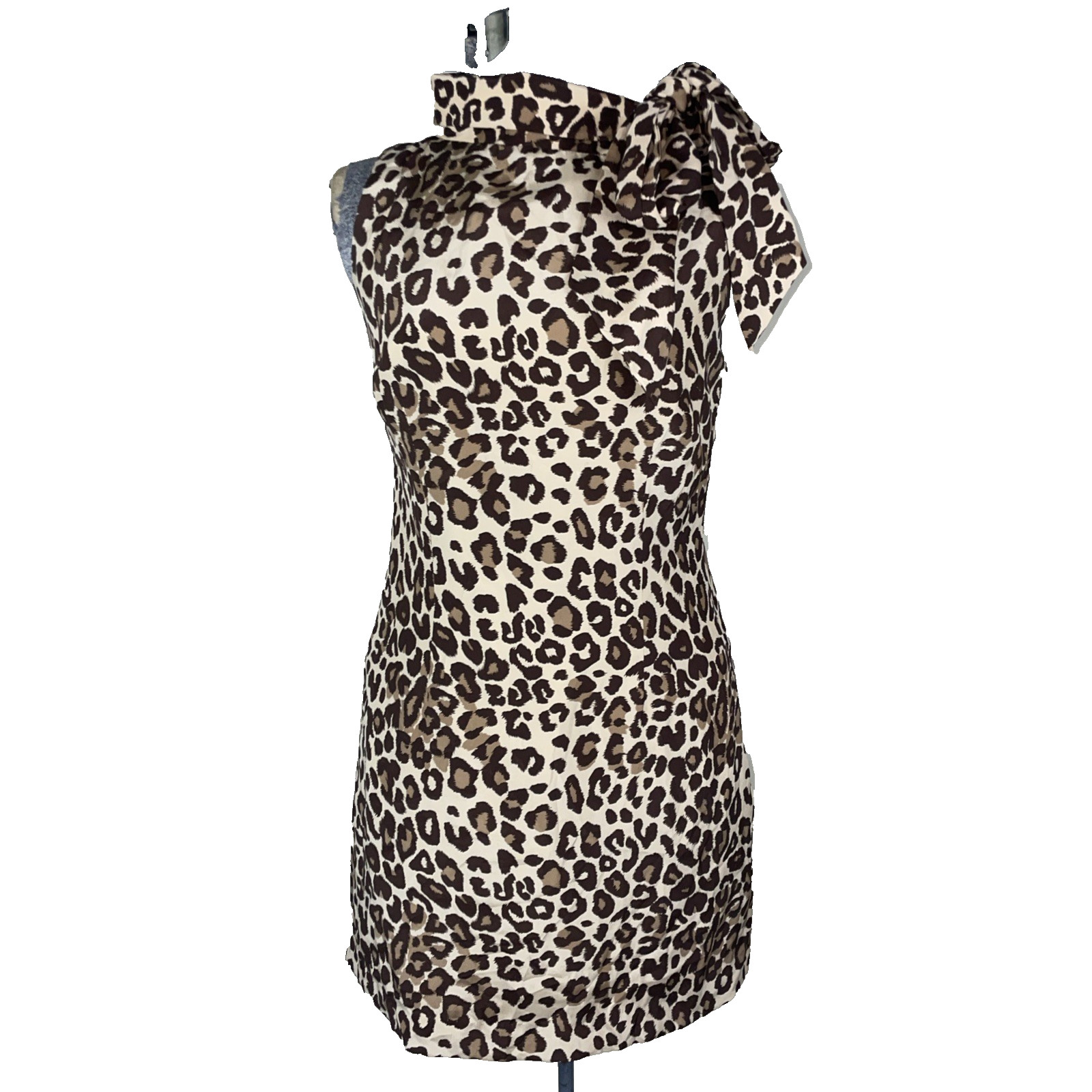 Britt Ryan Silk Leopard Print Cocktail Dress Size 4 Bow Collar Sleeveless
