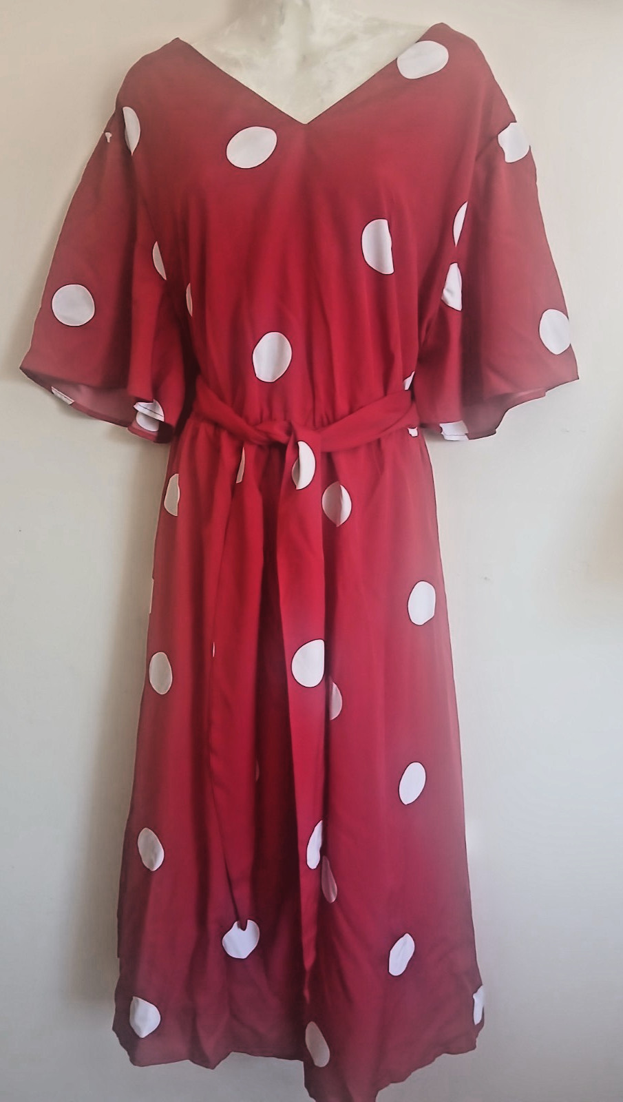 Women’s Red/White Polka Dot V-Neck Flutter Sleeve Tie Waist Midi Dress 3XL