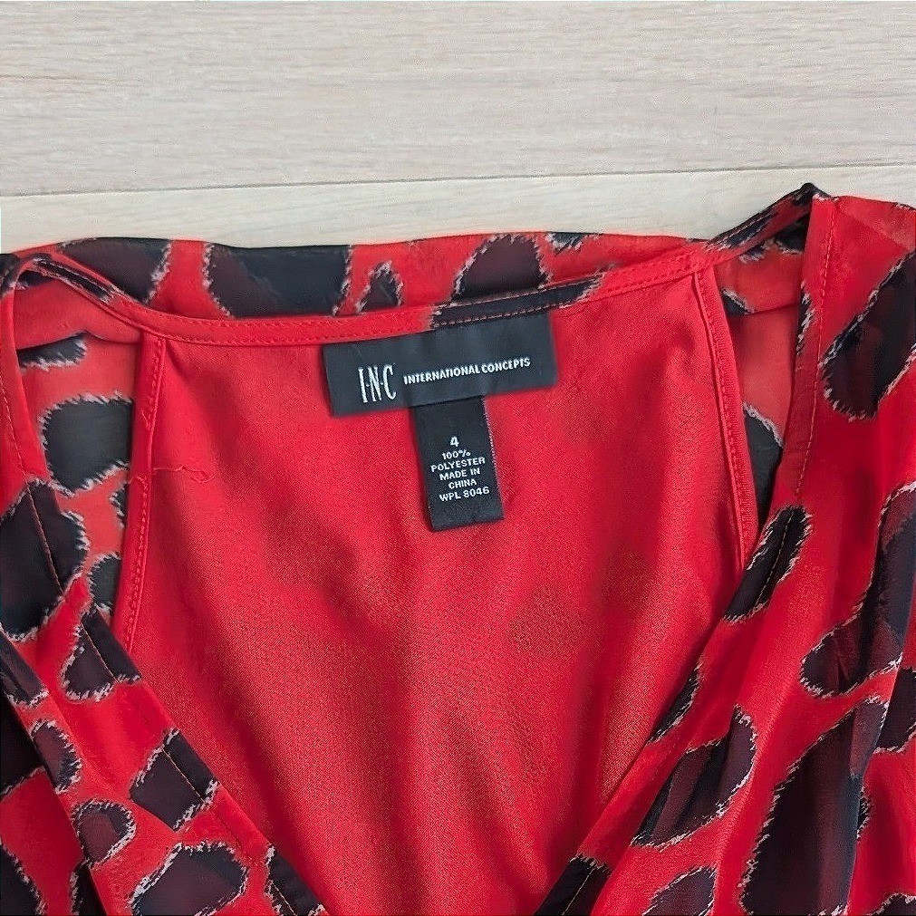 INC International Concepts Red Animal Print Kimono Sleeve Faux Wrap Dress Size 4