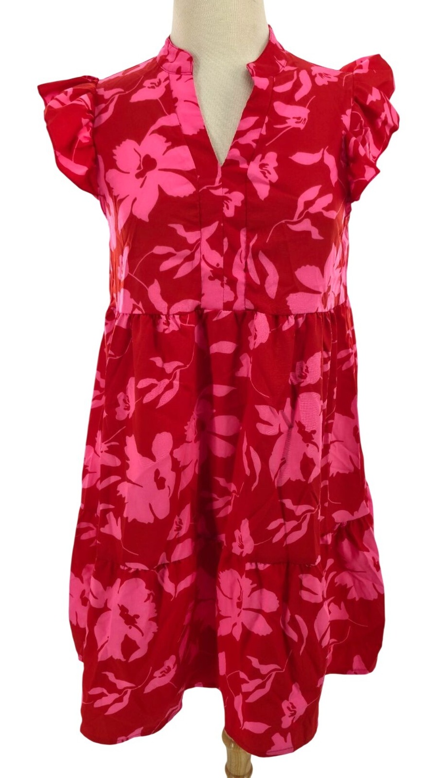 Ruffle Cap Sleeve Mock Split V-Neck Bright Floral Tiered Tropical Mini Dress