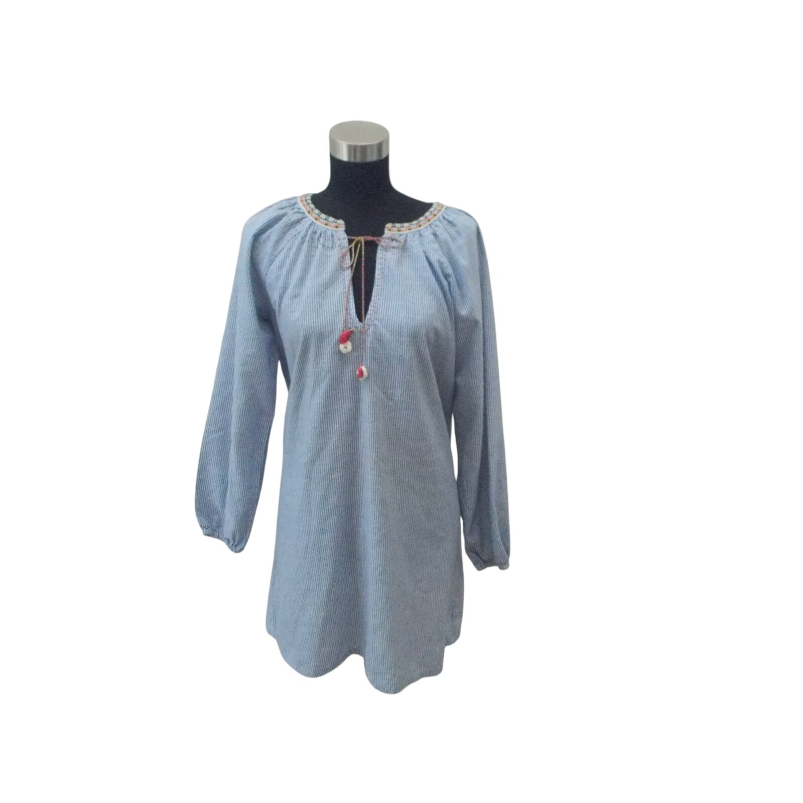 SUGAR LIPS Blue White Striped w/ Multi Color Stitching Short Long Sleeve Dress M