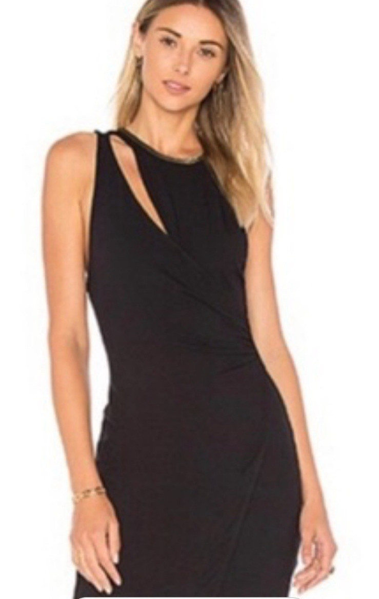 Free People Sz L Black Cut-Out Stretch Green Metallic Trim Open Back Dress NEW