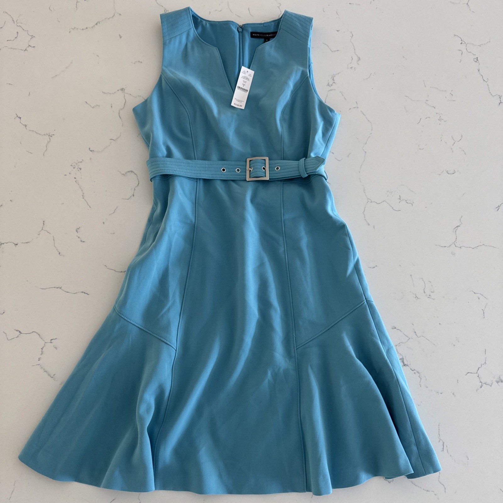White House Black Market Blue Tank Dress Flippy Hem Women Size 6 NWT Belt V-Neck