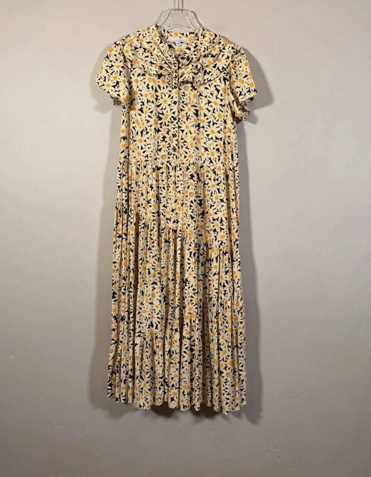 Topshop Yellow Daisy Grandad Midi Shirt Dress Womens US 4 Tiered Floral Cottage