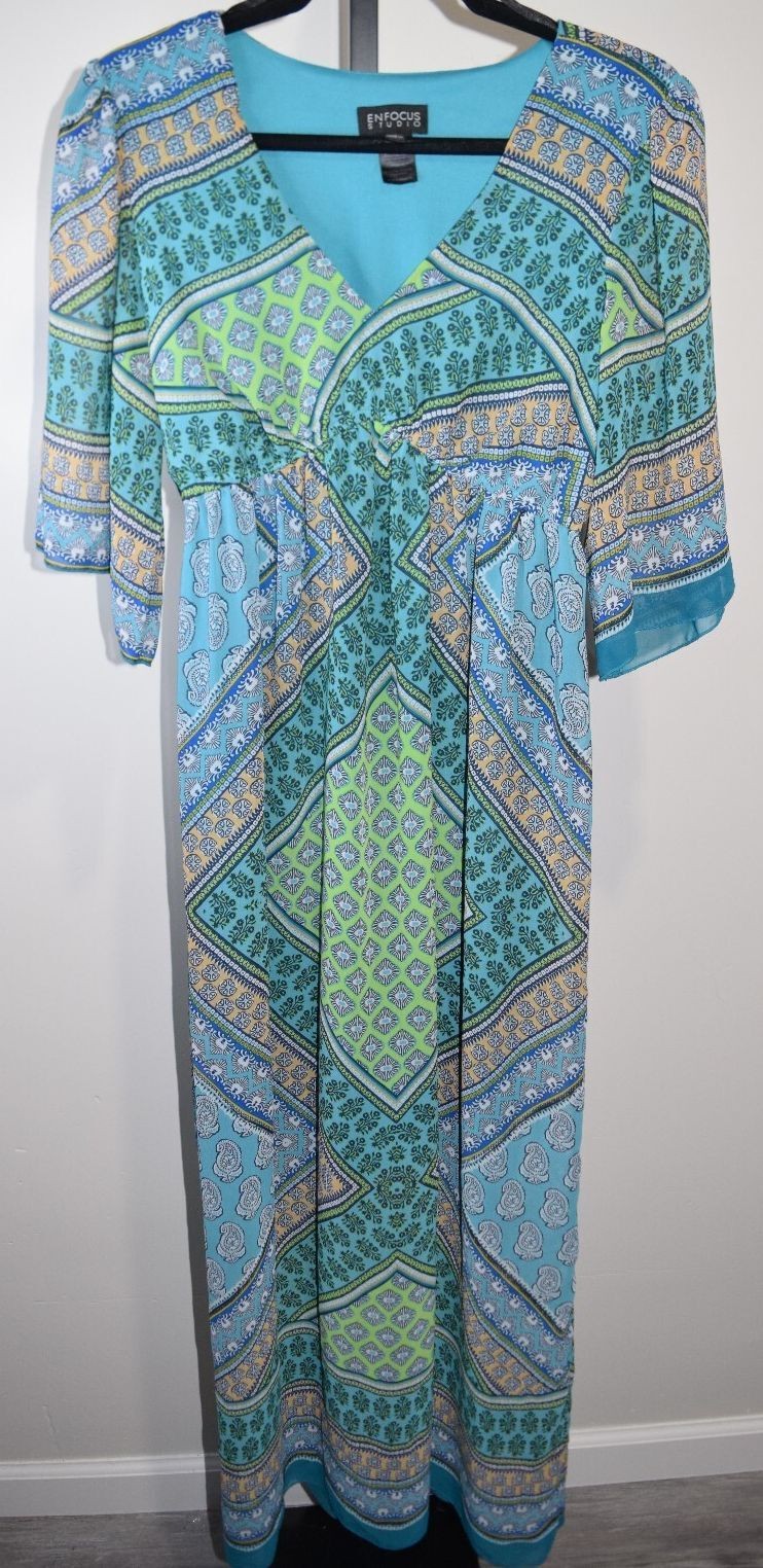 Enfocus Studio Women’s Maxi Dress Size 12 Blue Green Pattern Boho Resort Cruise