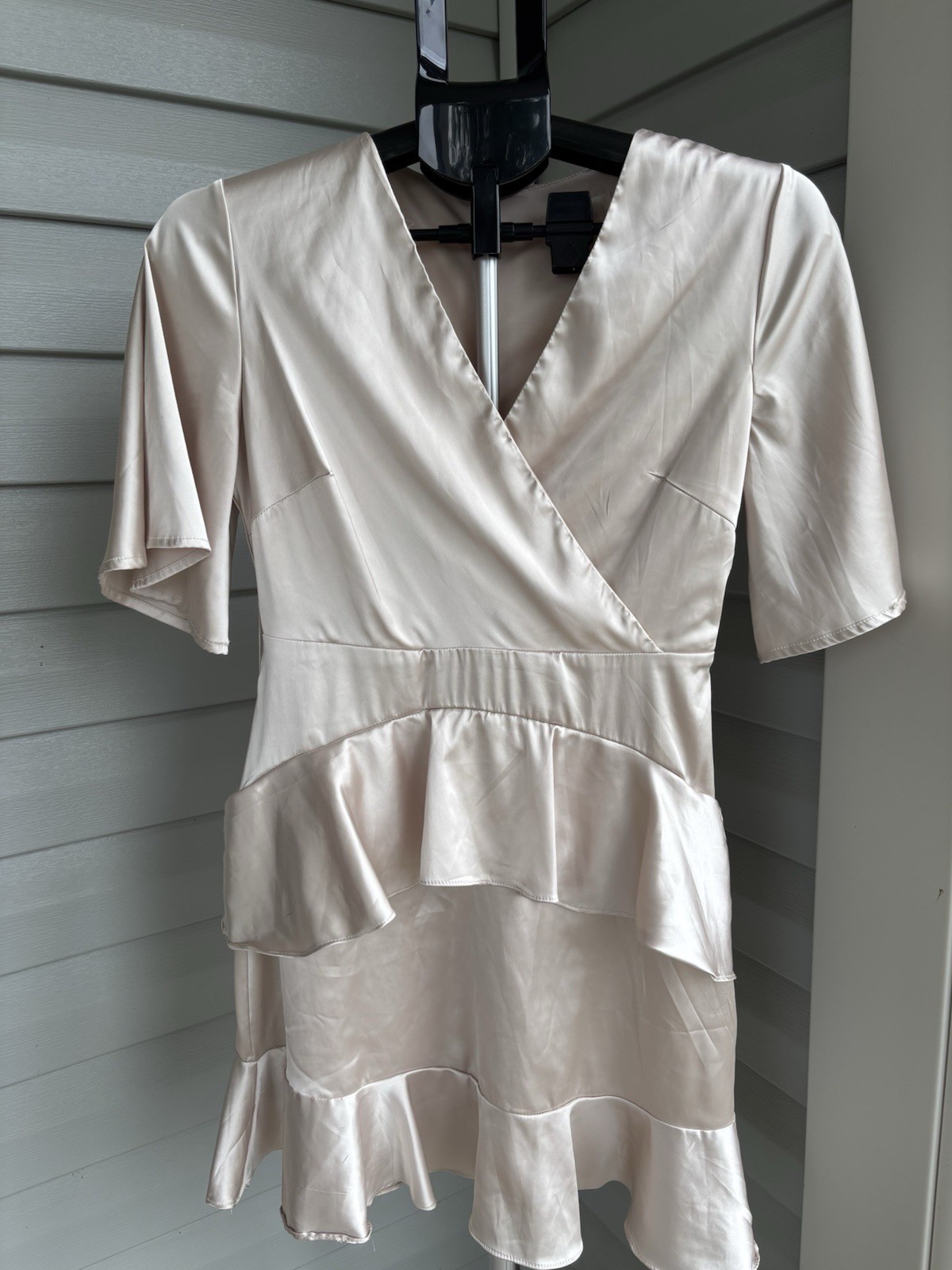 Altar’d State Satin Wrap Mini Dress Beige V-Neck Short Sleeve Ruffle S