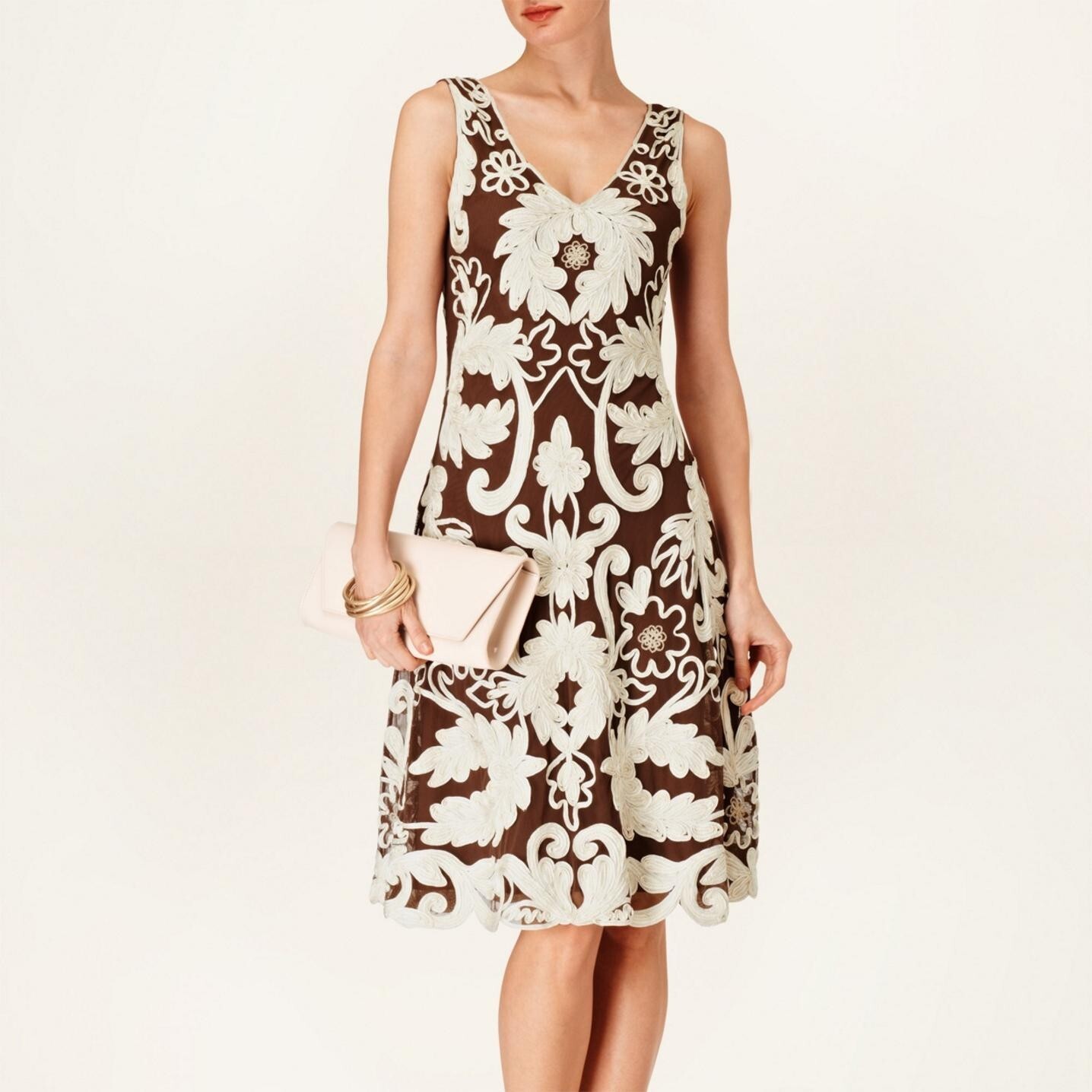 PHASE EIGHT ROMA RIBBON DRESS PRALINE & CREAM SIZE 12 (JACKET ALSO LISTED)