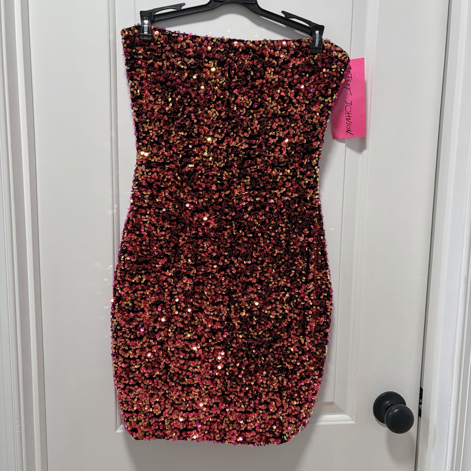Betsey Johnson Sequined Velvet Strapless Mini Dress NWT size 6 Red Pink Black