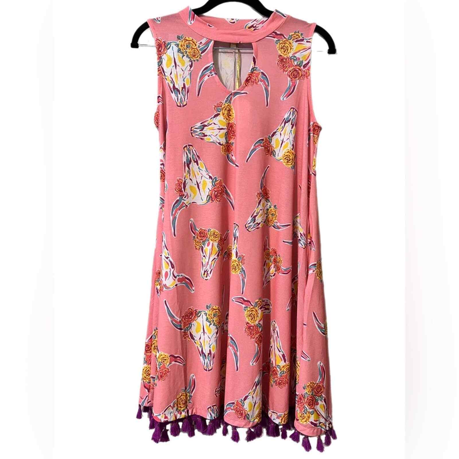 Simply Southern small sleeveless trapeze dress pink cow skulls purple tassels