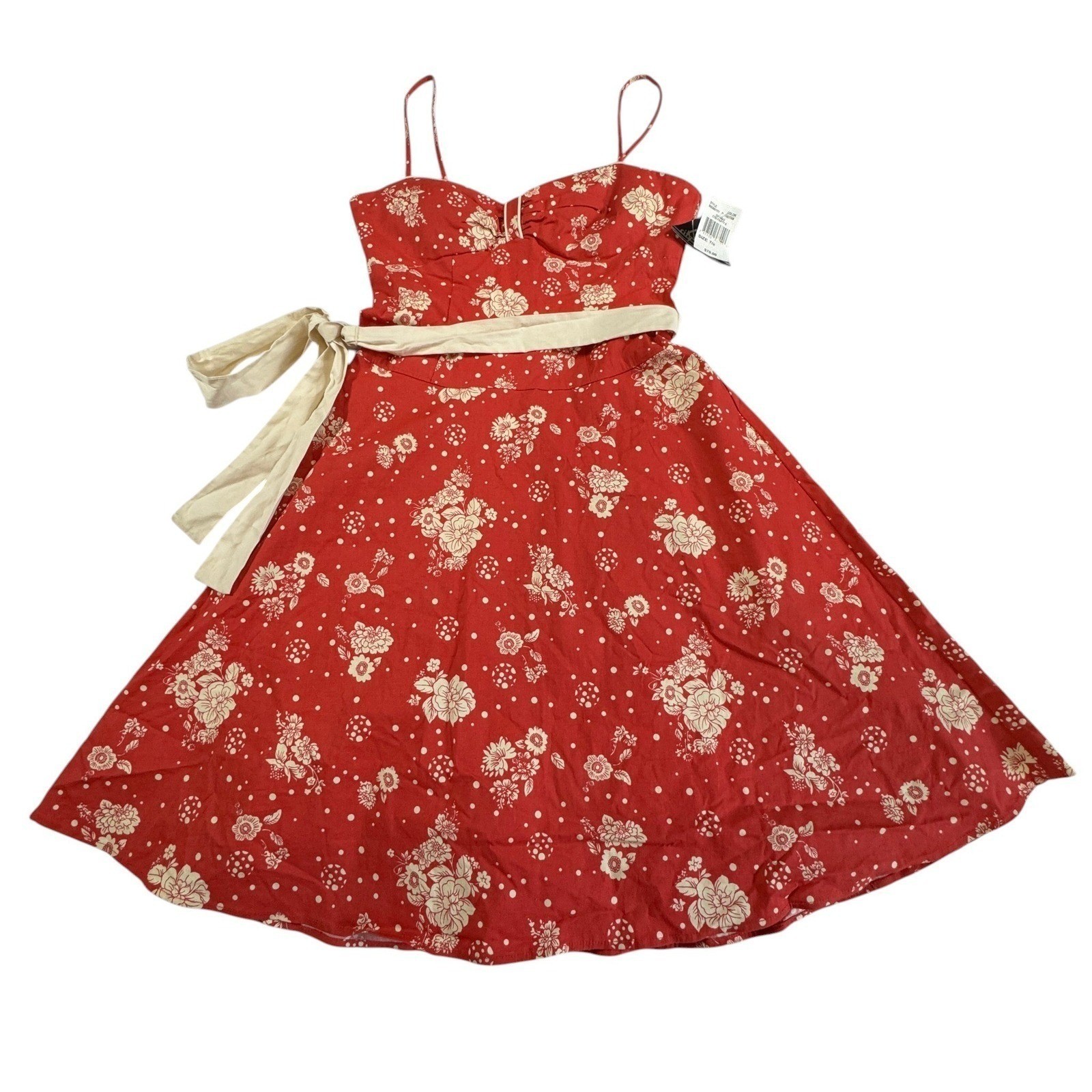 City Triangles Red Floral Polka Dot Dress Womens 7 Sweetheart Retro Swing NWT