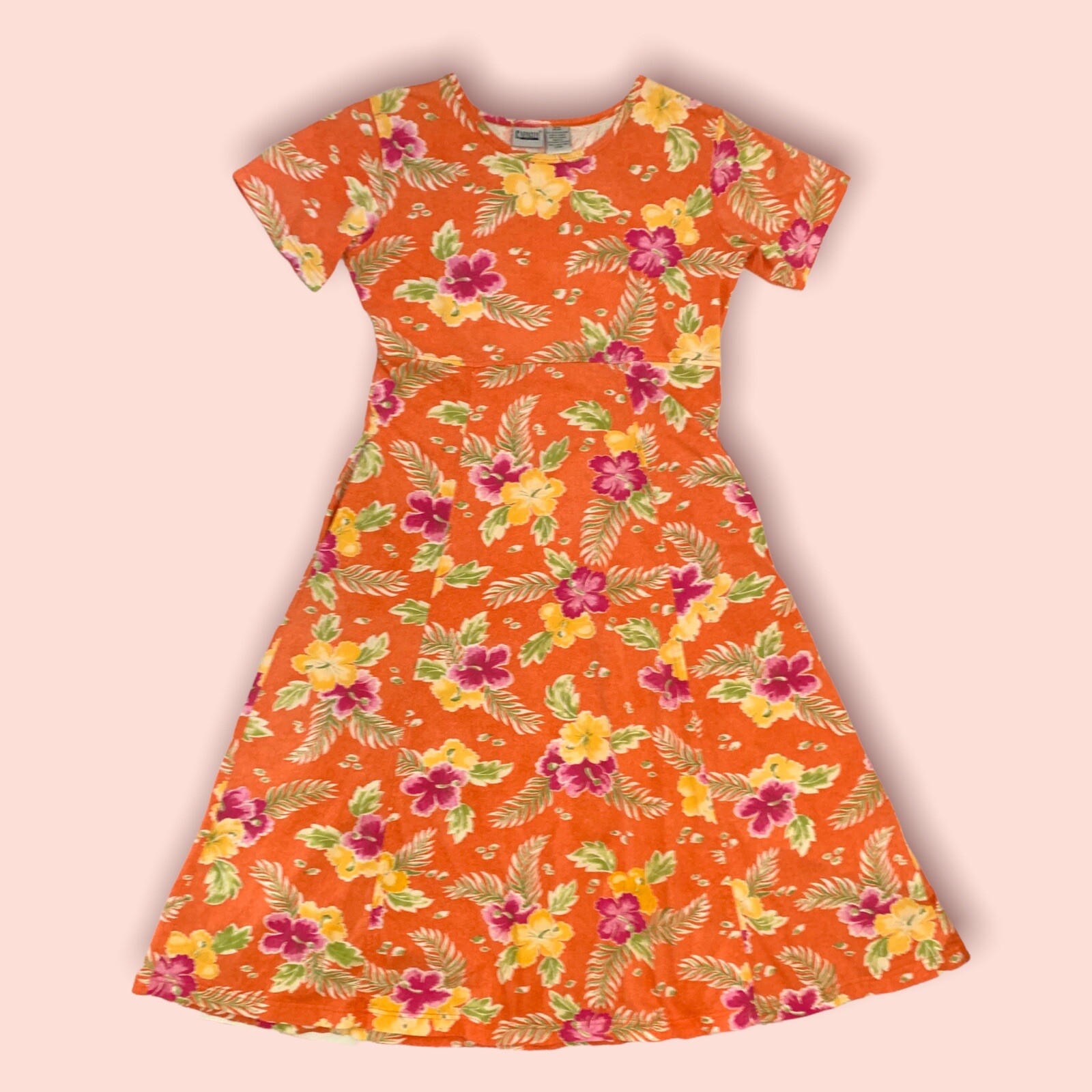 Vintage 1990s Capacity Knits Orange Tropical Floral Maxi Dress Size Medium