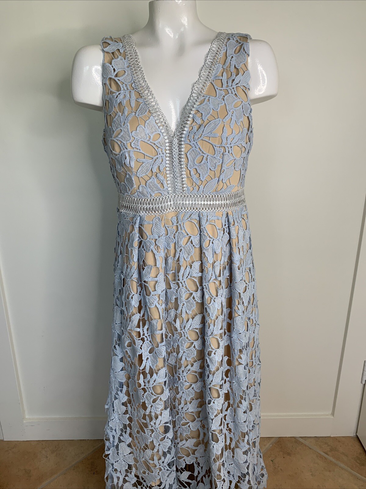 Romeo + Juliet Fit Flare Formal Dress Womens Sz L Blue Tan Illusion Deep V Back
