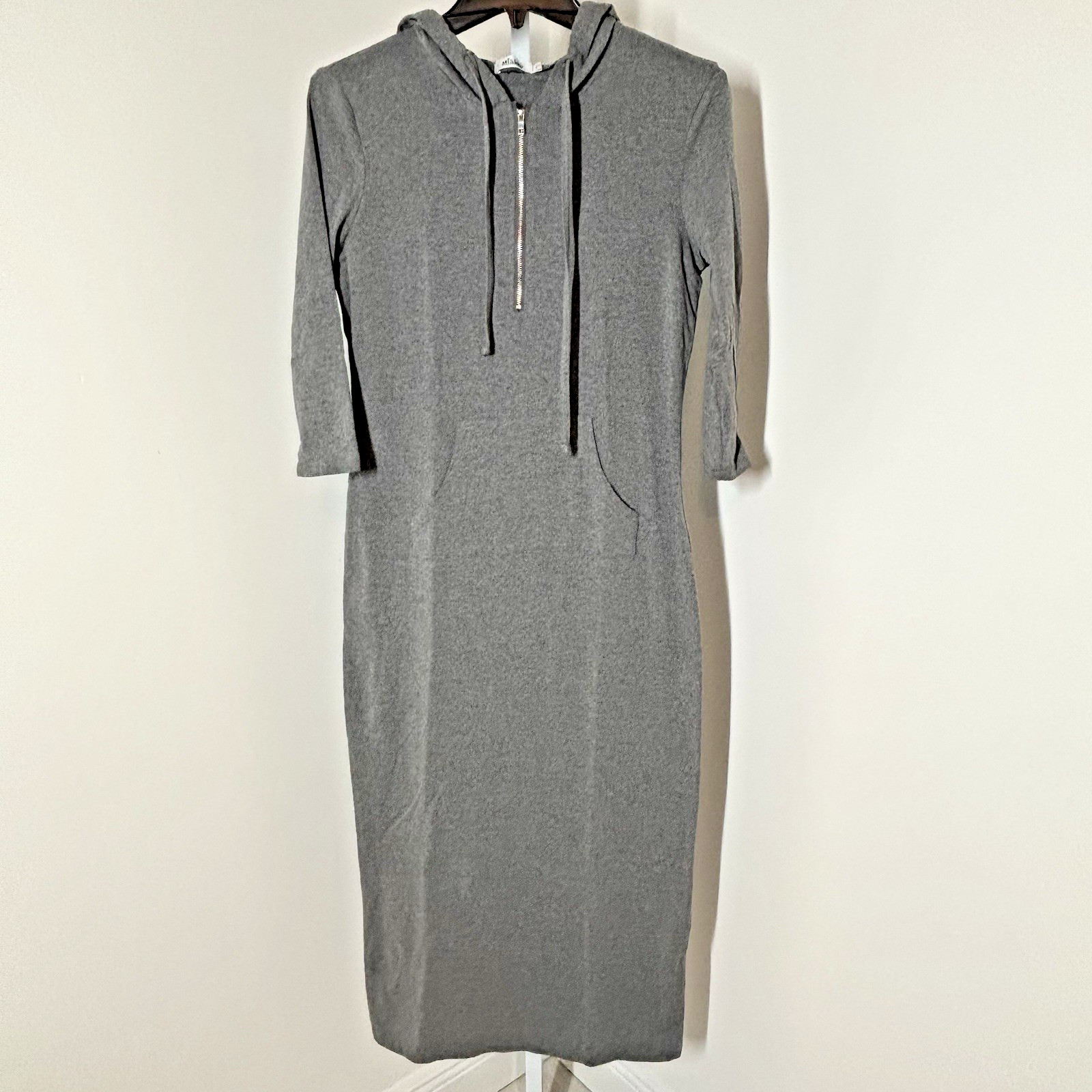 Missky S Gray Hooded Maxi Dress 3/4 Sleeves Exposed Zip Front Pocket Side Slit