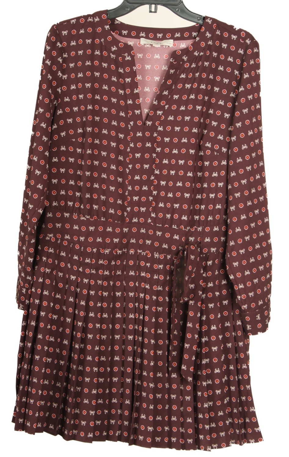 Loft Dress Women’s 12P Brown A Line Pleated V Neck Long Sleeve Bow