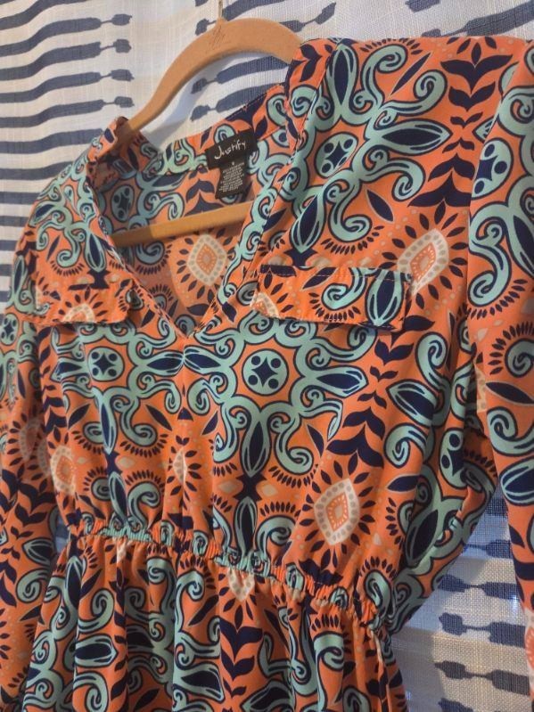 Geometric Paisley Pink/Blue Print 3/4 Sleeve Elastic Waist Midi Summer Dress S