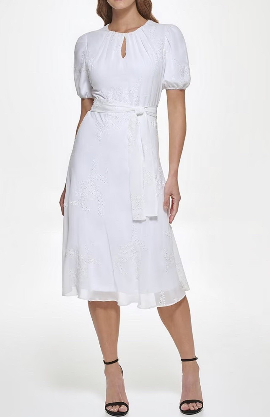 DKNY Short Puff Sleeve Crew Keyhole Neck A-Line Midi Dress Off White Sz 16 NEW