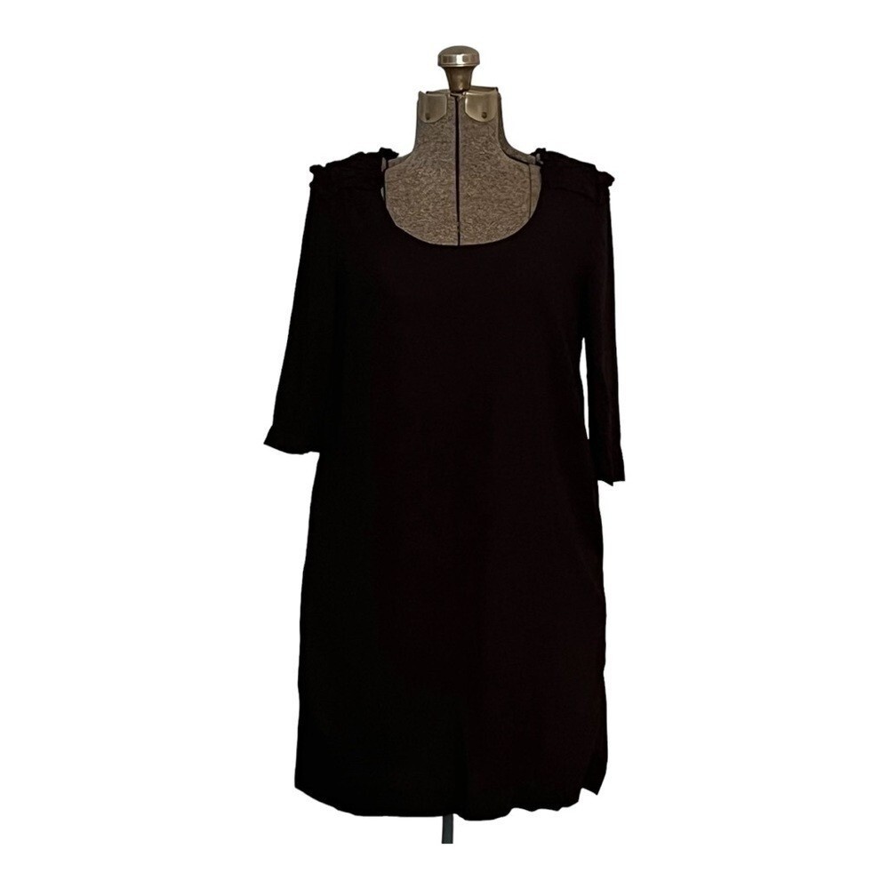 Sfera Shift Dress Womens Small Black Ruffle Shoulder 3/4 Sleeve Pockets Casual