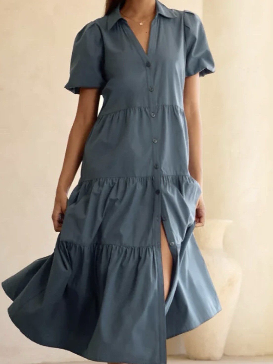 Brochu Walker Havana Tiered Midi Dress Button Front Puff Sleeves V-Neck Size M
