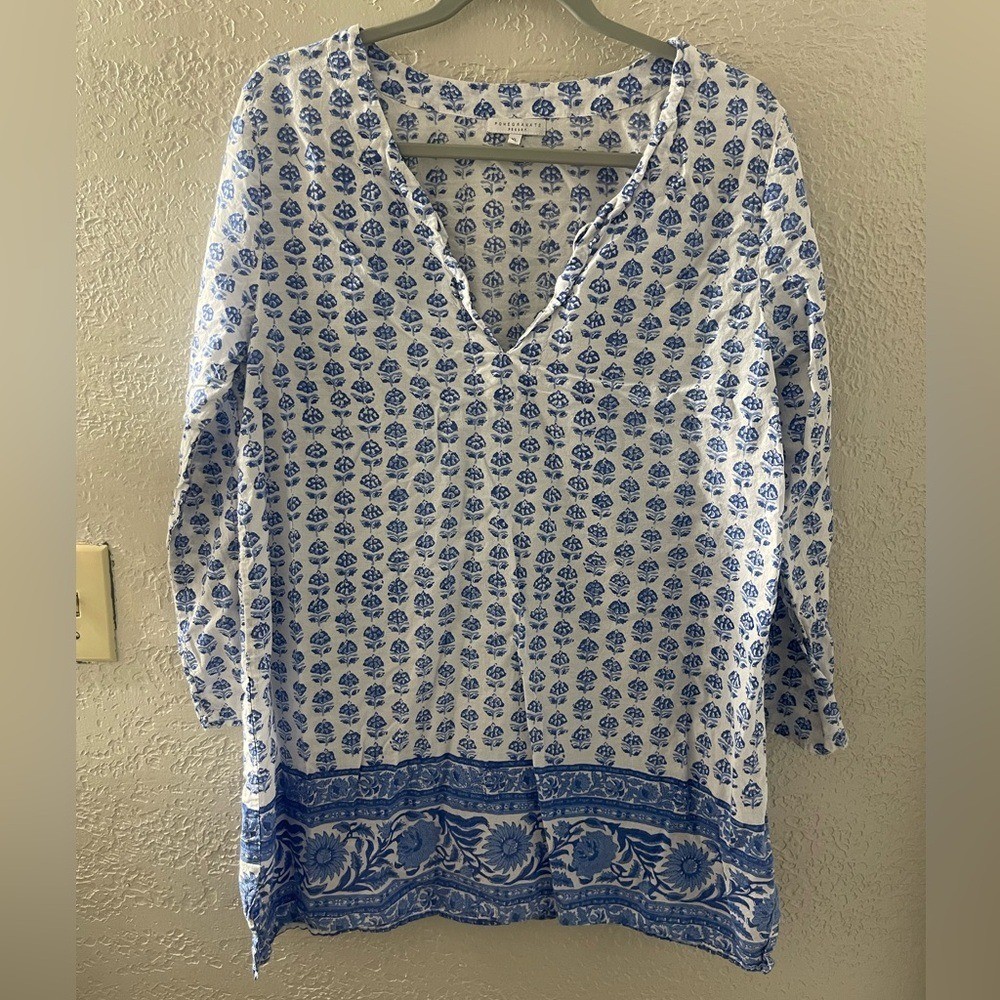 Pomegranate Resort Blue/White Bohemian Vacation Mini Tunic Cotton Dress Large
