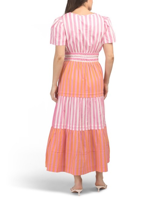 LEA Short Sleeve Mixed Stripe Maxi Dress Color: Pink/Orange Multi XL nwt