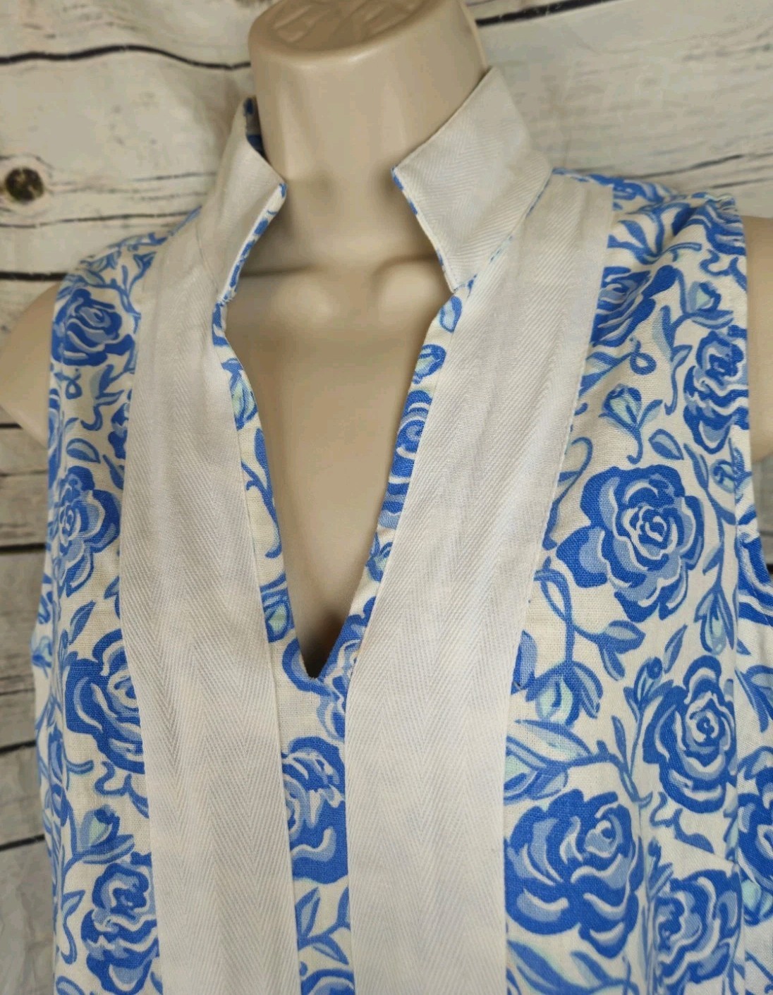 Sail to Sable Blue Floral Shift Dress S Linen Blend Sleeveless