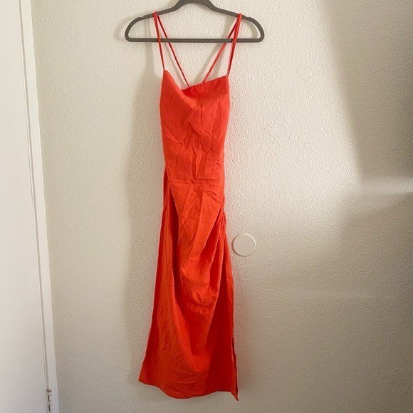 Reiss Women’s Size 1 Khalia Stretch Linen Bodycon Midi Dress Linen Blend Red NEW