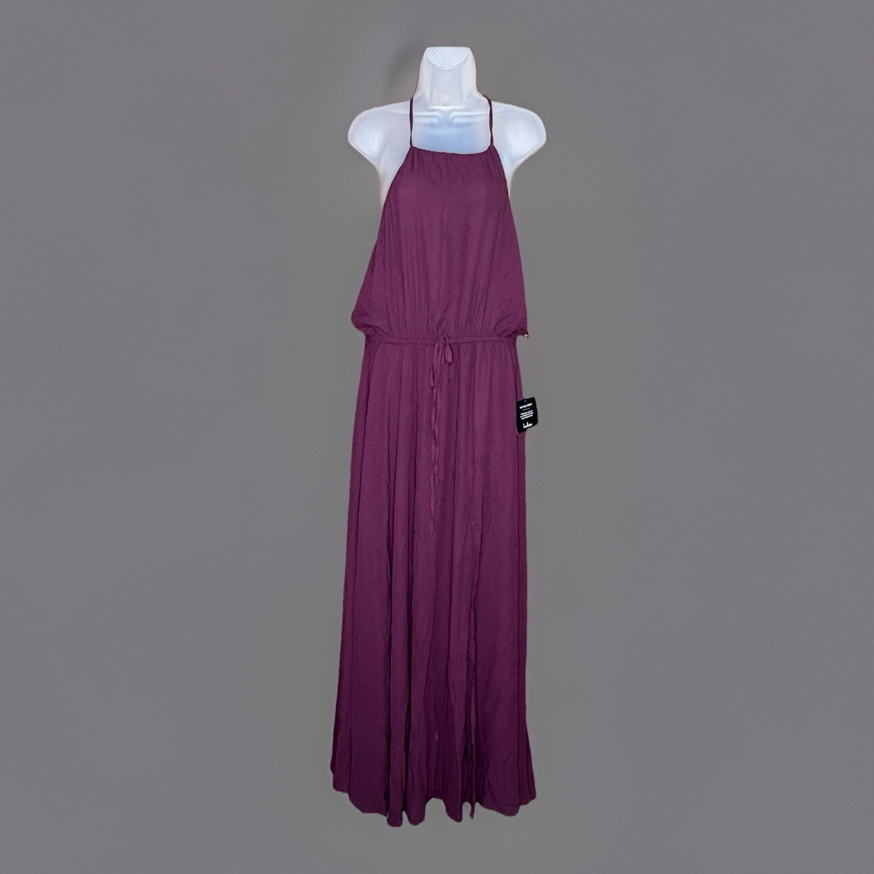 Lulus Halter Maxi Dress Women L Wine Drawstring Waist Slit 29” Formal Boho Fairy