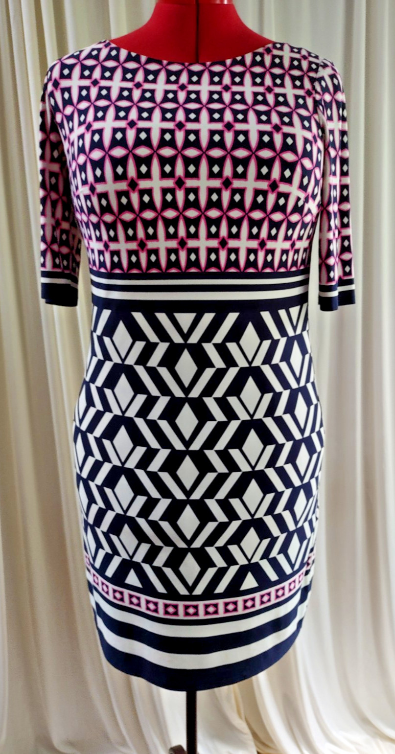 Eliza J Womens Pink Navy Geometric Round Neck Short Sleeve Sheath Dress Sz 6