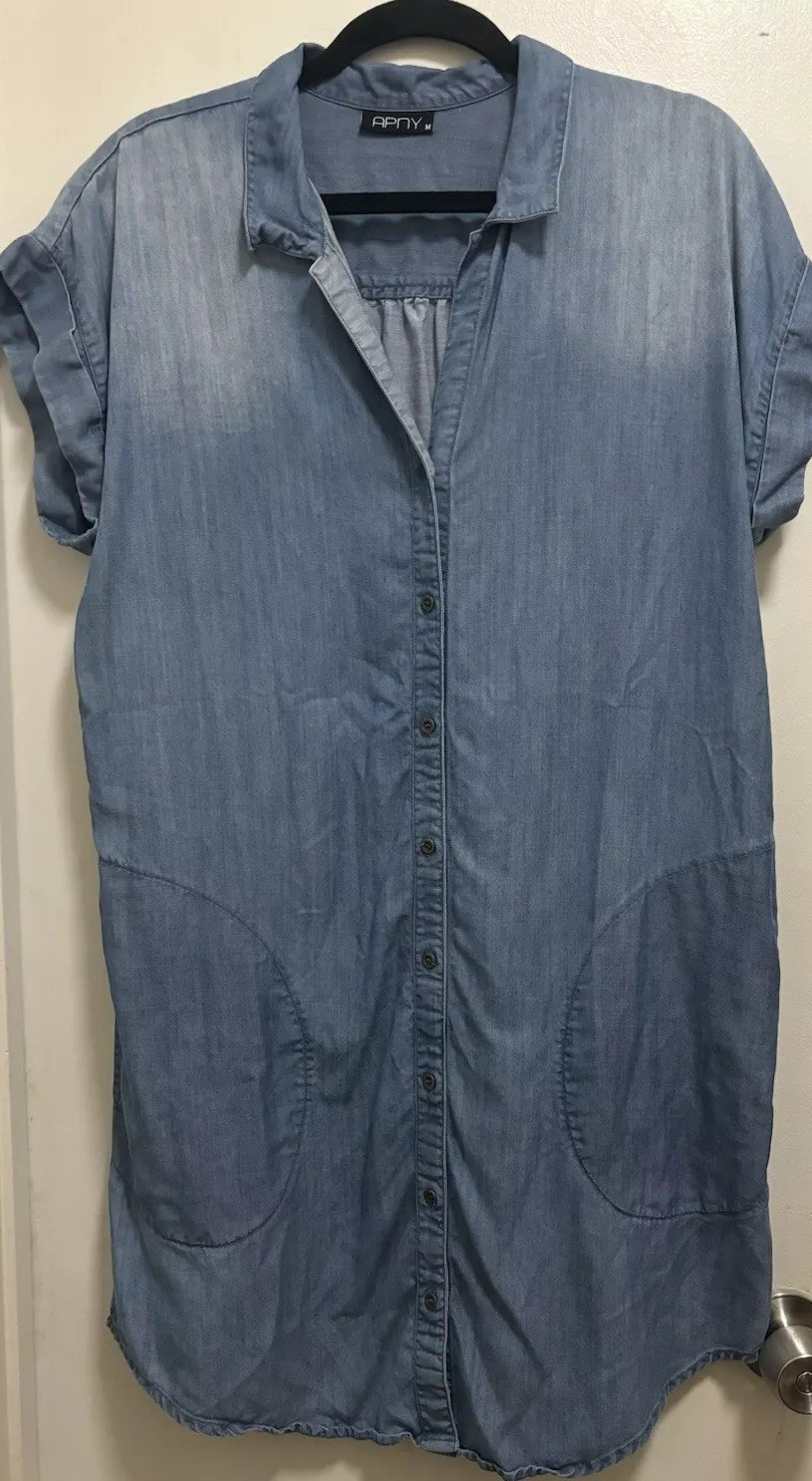 Apny Apparel 100% Tencel Blue Pockets Collared Button Down Shirt Dress Sz M