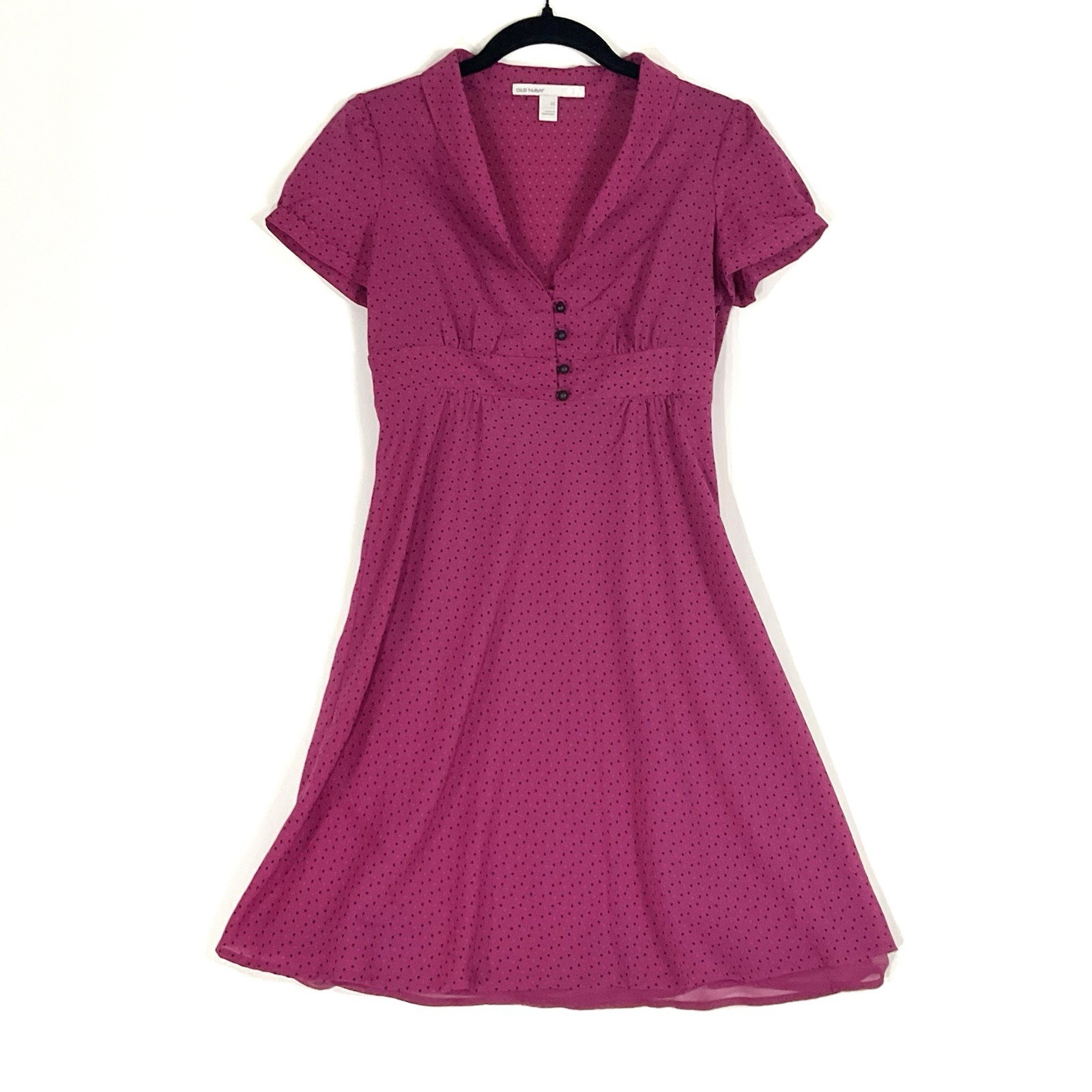 Old Navy MAGENTA Polka Dot Dress Size XS Side Zip Collared V-Neck 50’s Trad Wife
