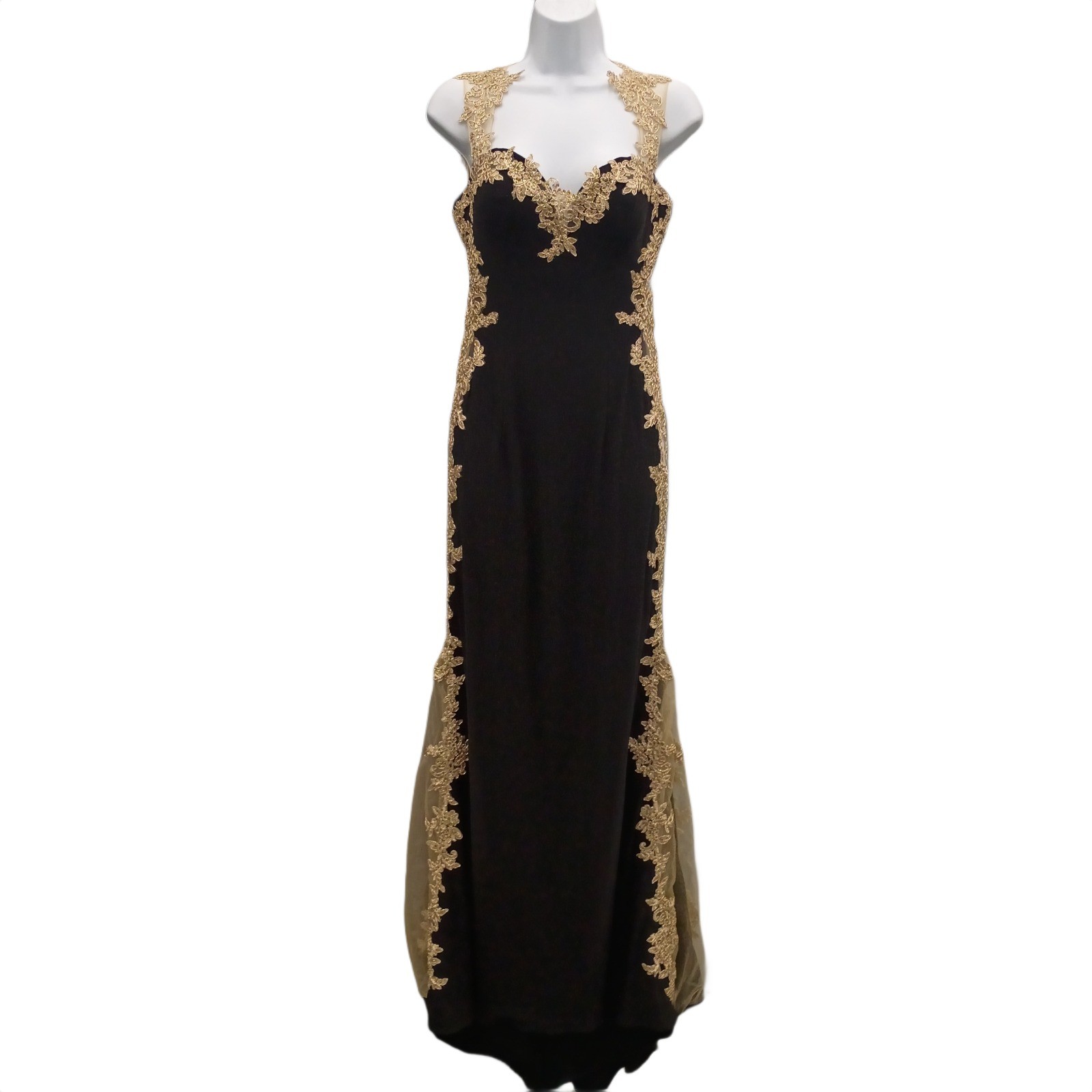 Cinderella Divine Womens 6 Black Gold Lace Column Prom Red Carpet Gown Dress