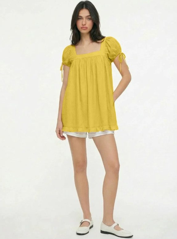 Ladies Summer Casual Square Neck Shirt Short Sleeve Tie Knot Ruffle Blouse Dress