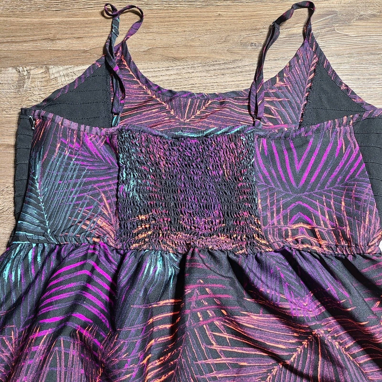 Hurley Colorful Orange Purple Green Leaves On Black Dress Women Size XL Zip Hook