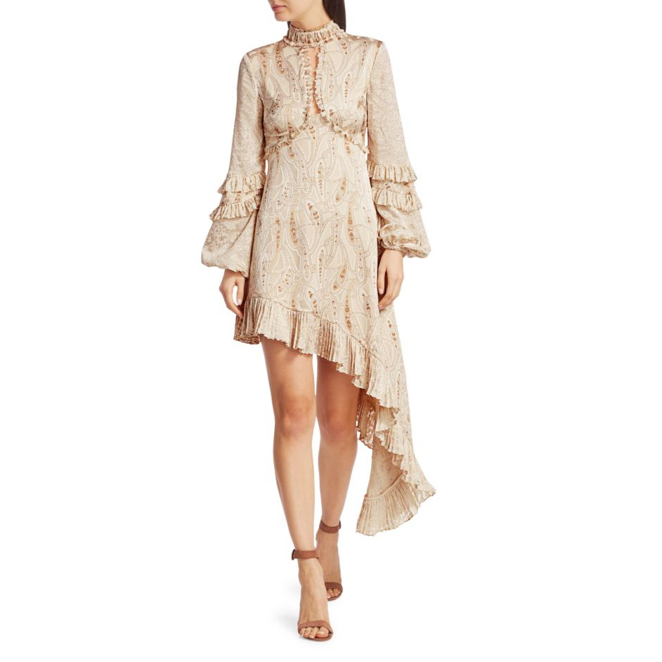Alexis LIORA Asymmetrical Empire-Waist Keyhole Ruffle Long-Sleeve Satin Dress XS