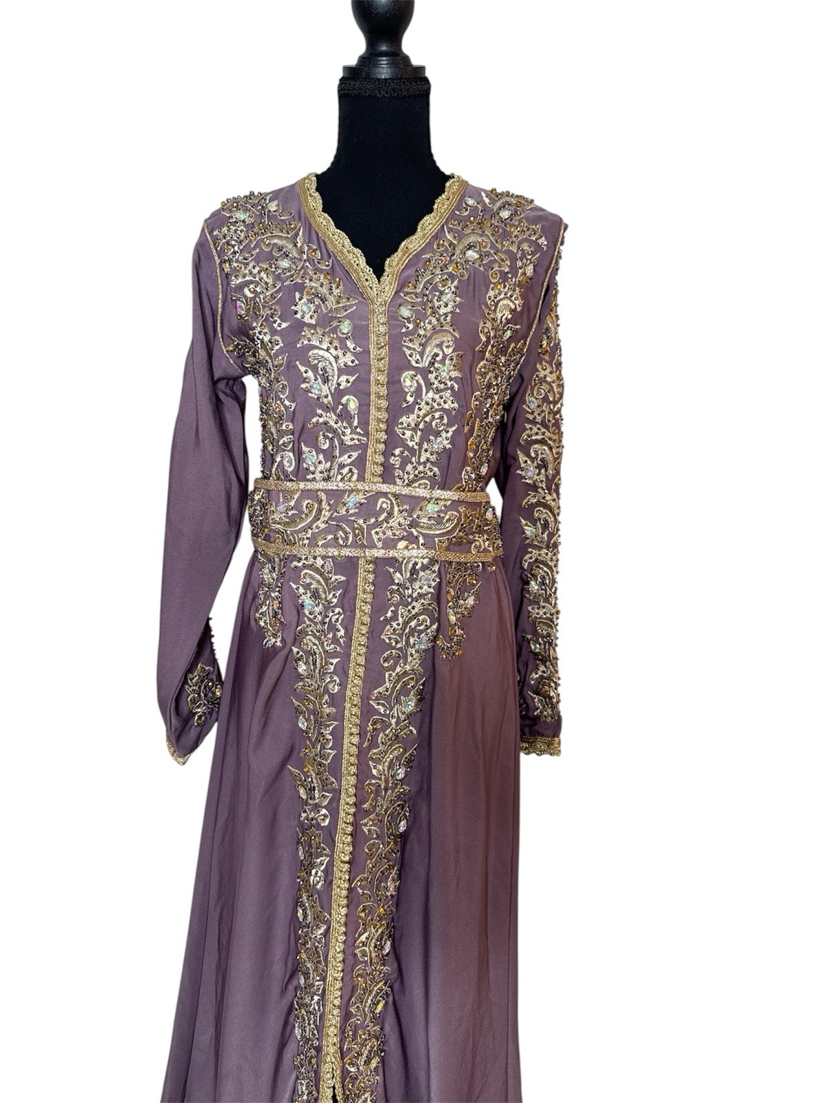 Embroidered Long Caftan Dress in Mauve with Gold Trim