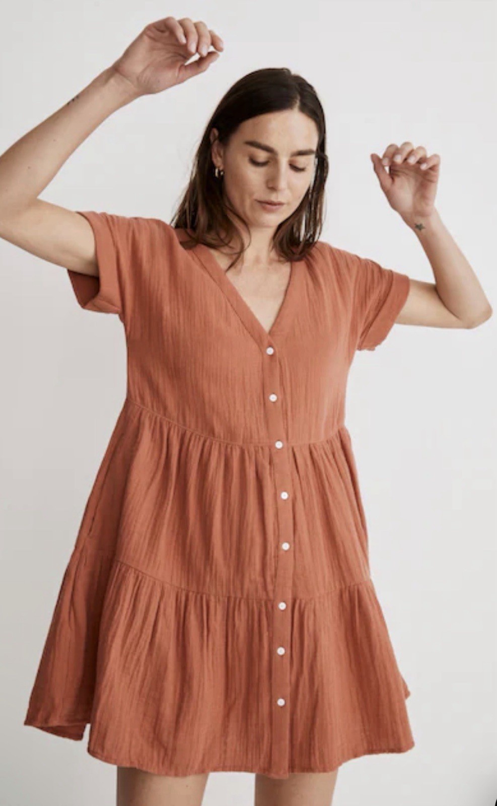 New Madewell Lightspun Cuff Sleeve Button Front Tiered Mini Dress Orange Sz M