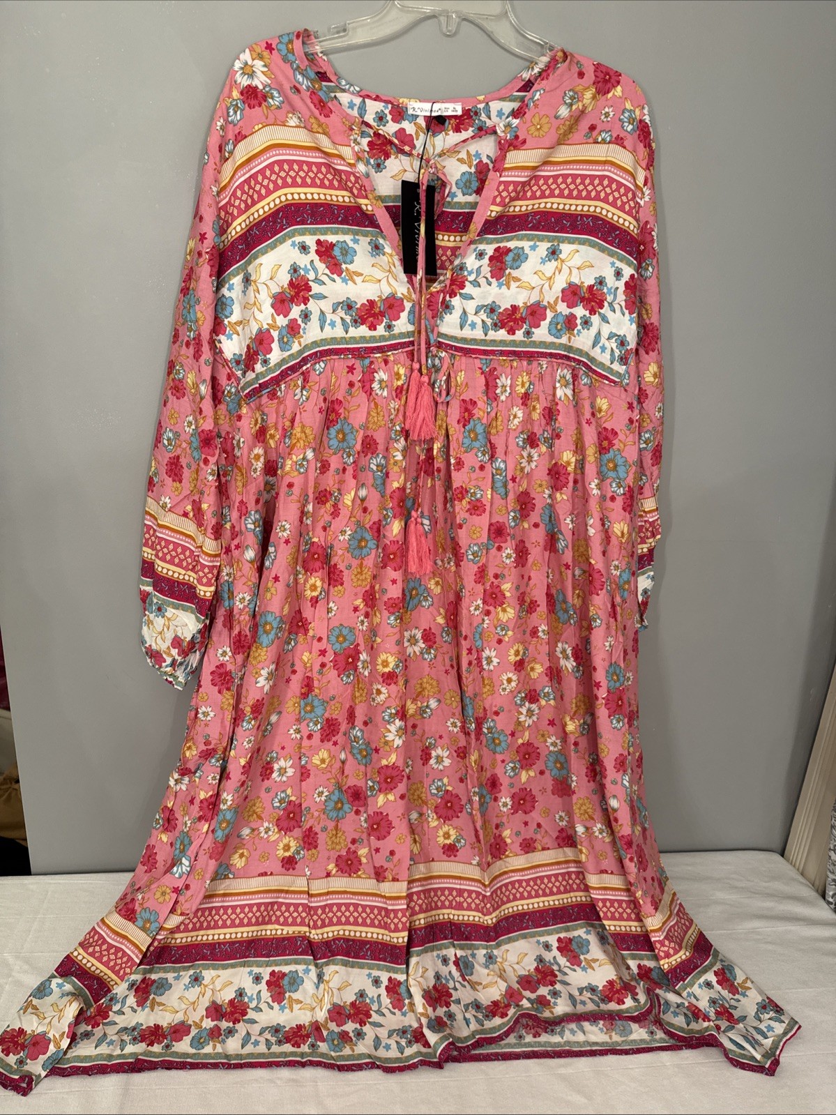 R.VIVIMOS Dress Womens XL Pink Red Floral Boho Long Sleeve Babydoll Tassel 16/18