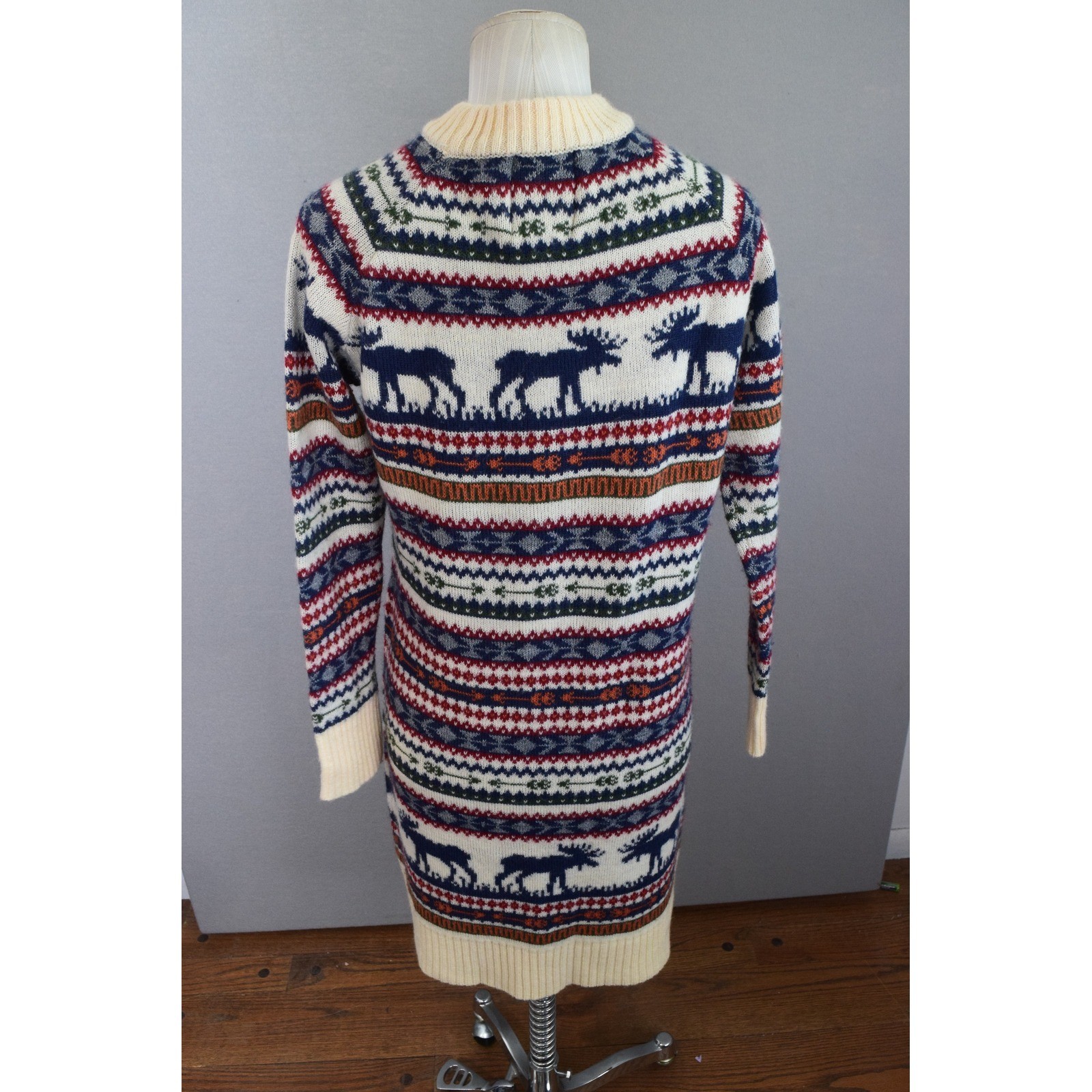 Kiel James Patrick Cozy Cabin Sweater Dress Medium Cream Fair Isle Moose
