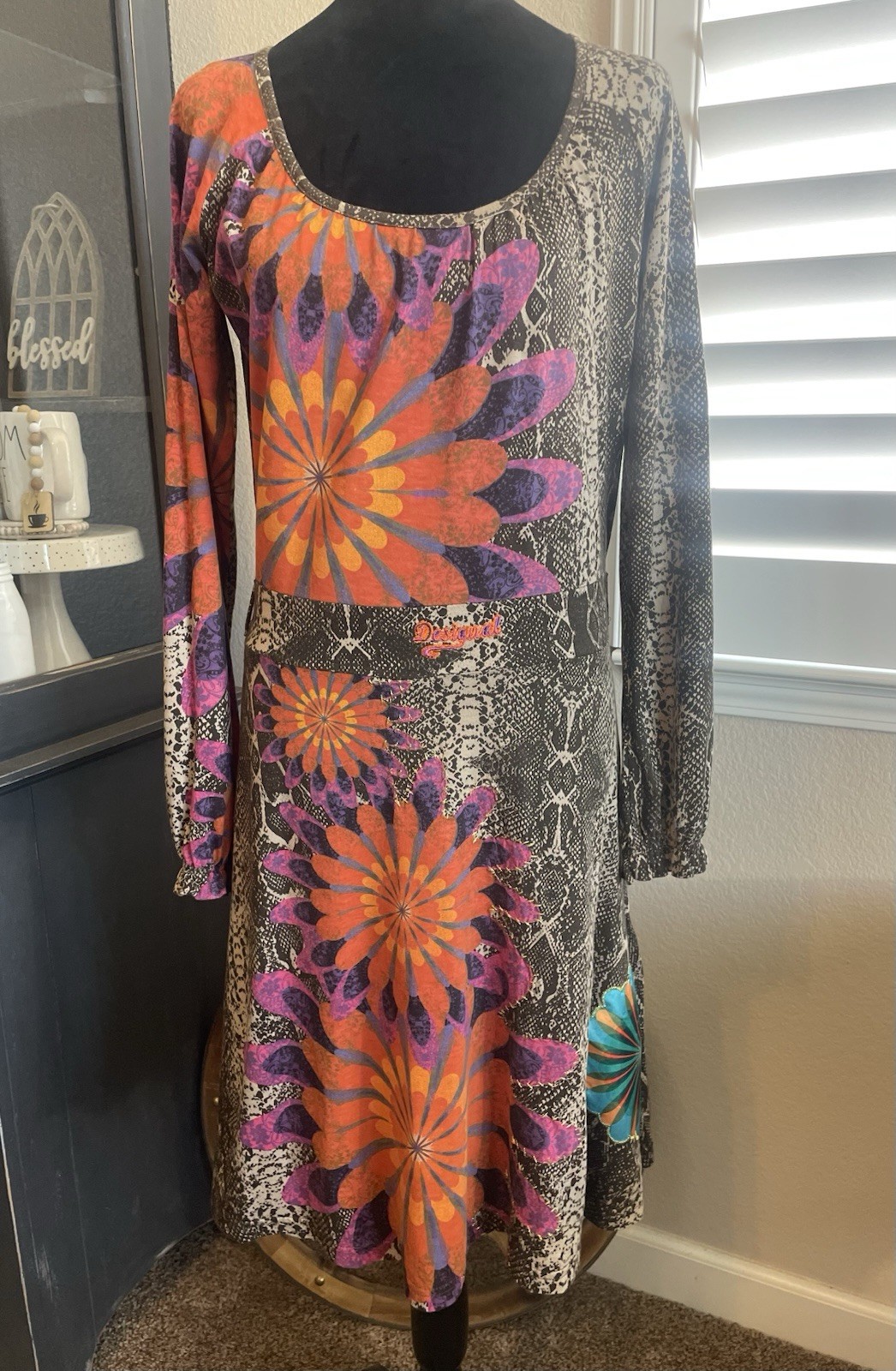 Desigual Skater Dress Womens XL Snake Floral Mixed Print Long Sleeve Fit & Flare