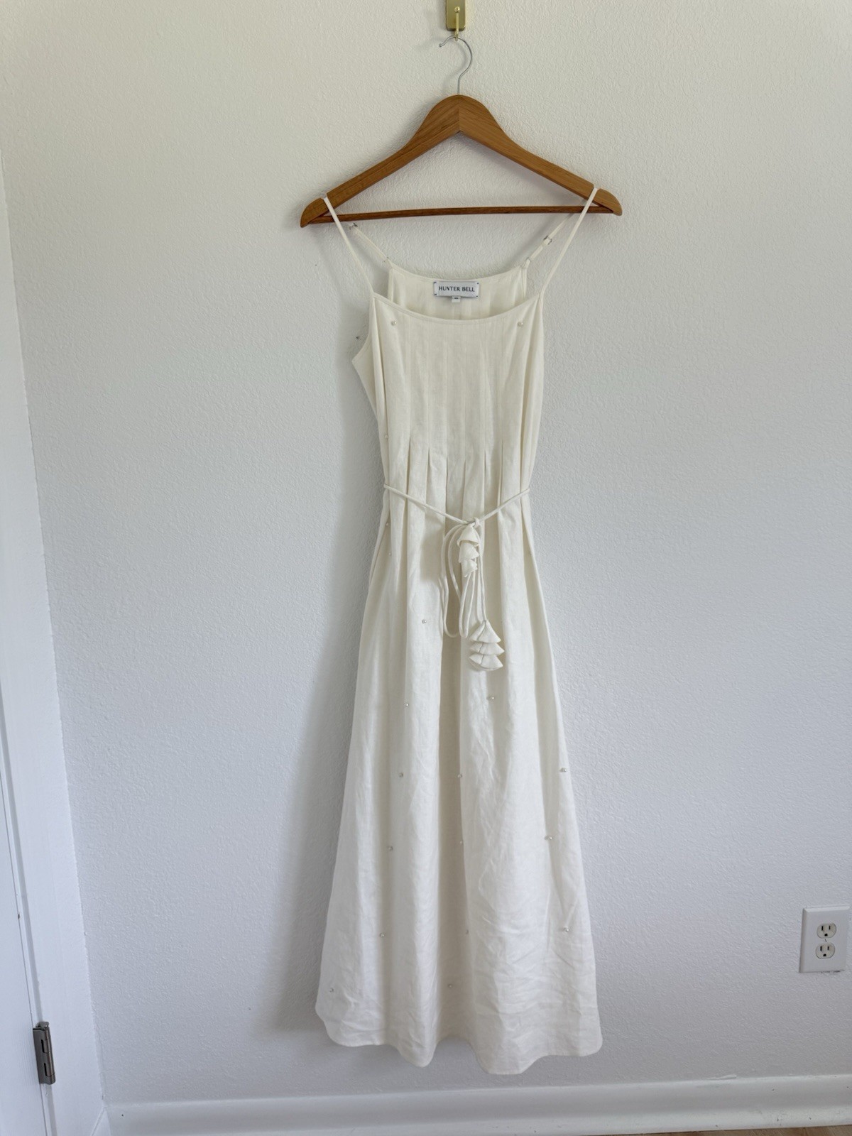 Hunter Bell Ivory Sz XS Delicate Pearl Stud Cotton Linen Rivers Maxi Dress