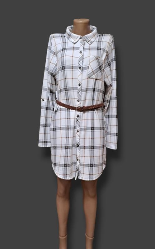 Chicoree White And Gray Plaid Shirt Dress With Braided Belt Size L